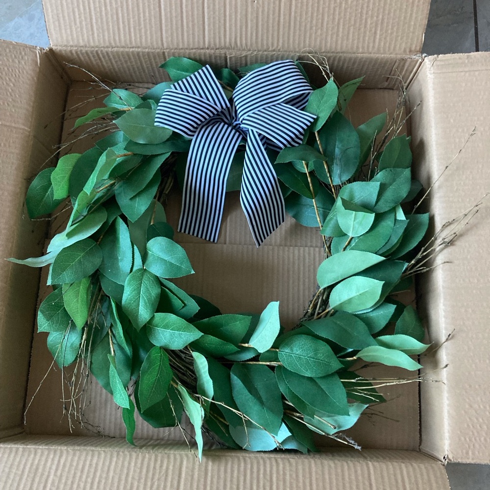 Beautiful Wreath with Black and White Striped Bow